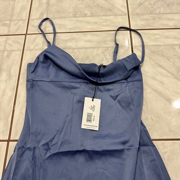 NWT WeWoreWhat Revolve Blue Slate Periwinkle Satin Midi Cowl Neck Dress Size 0 - Picture 5 of 12